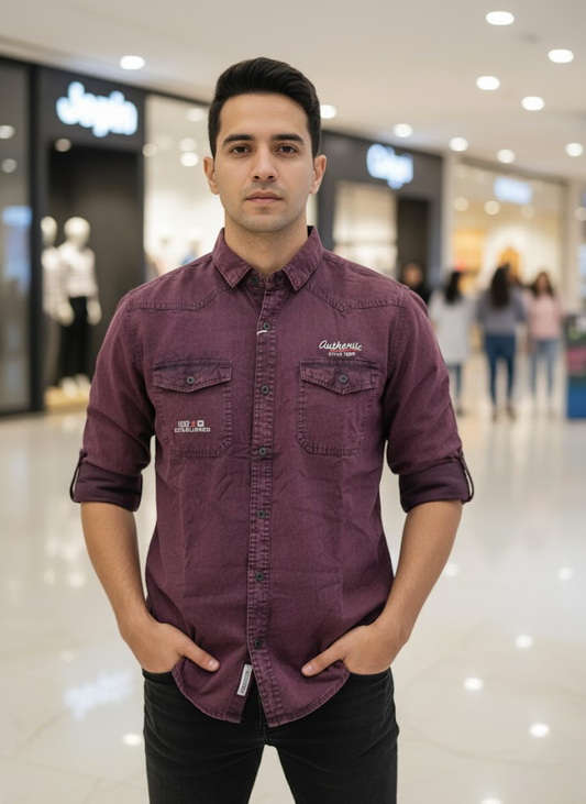 Men’s Maroon Denim Washed Cotton Shirt