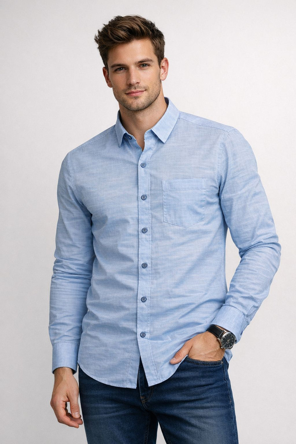Men’s Sky Blue Cotton & Linen Mix Shirt